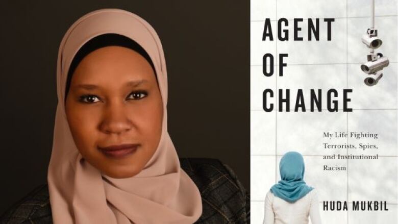 On the right is a book cover that shows a woman wearing a hijab who is facing a tiled white wall with three security cameras hanging in the top right corner. There is black text that is overlaid on the book cover which is the book title and author's name. On the left is a photo of the author who is wearing a pink hijab and is smiling at the camera. 