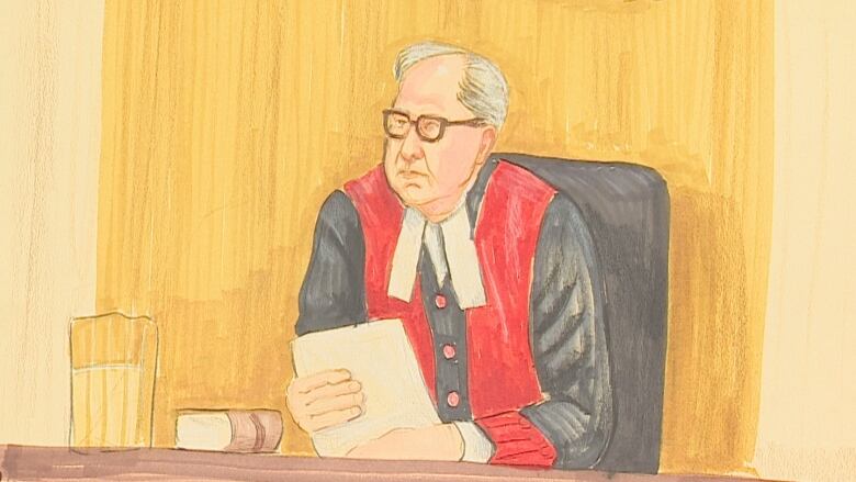 A court sketch of a man wearing judge's clothes and holding a piece of paper. 