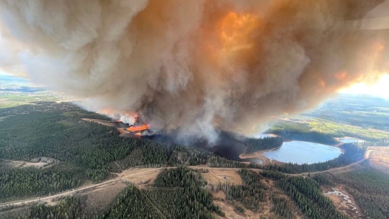 A giant plume of smoke is seen from above.