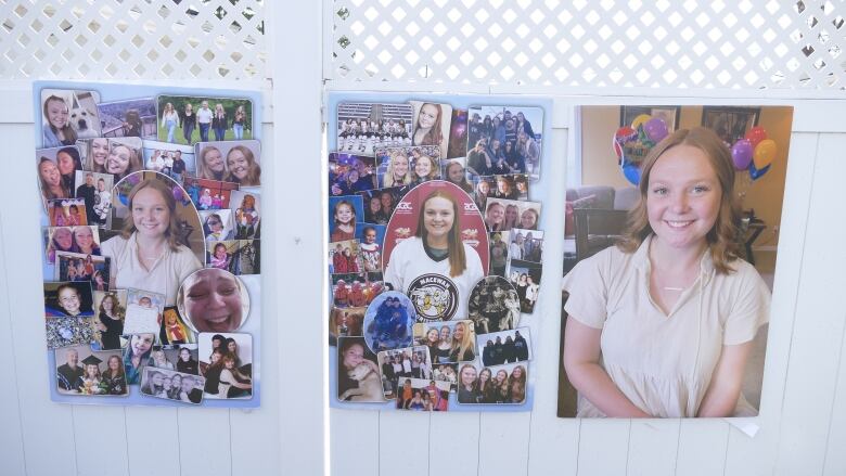 Three collages of a woman are pictured on a fence.