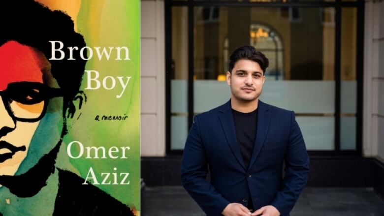 On the left is a book cover that is a watercolour painting with green and yellow background, and a young man with black hair and black framed glasses looking to the right. There is black and white text overlay that is the book's title and author's name. On the right is a photo of the author - a young man wearing a black shirt and navy blue suit jacket standing in front of window.  