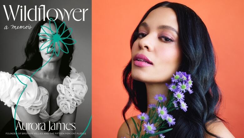 On the left is a book cover that shows a woman in a dress smiling at the camera. There is a turquoise flower that is drawn over her face. There is white text overlay that displays the book title and author name. On the right is a head shot photo of a woman with long black hair in front of an orange background. She is holding purple daisies by her face.