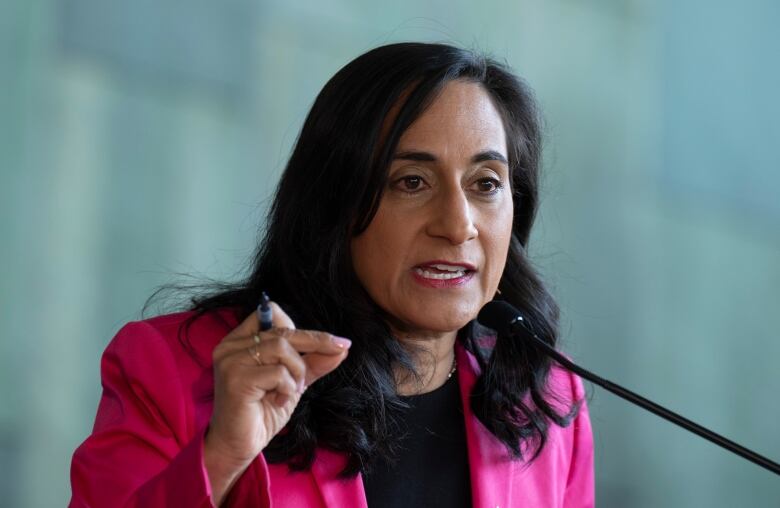 A close up photograph of National Defence Minister Anita Anand speaking into a microphone. 