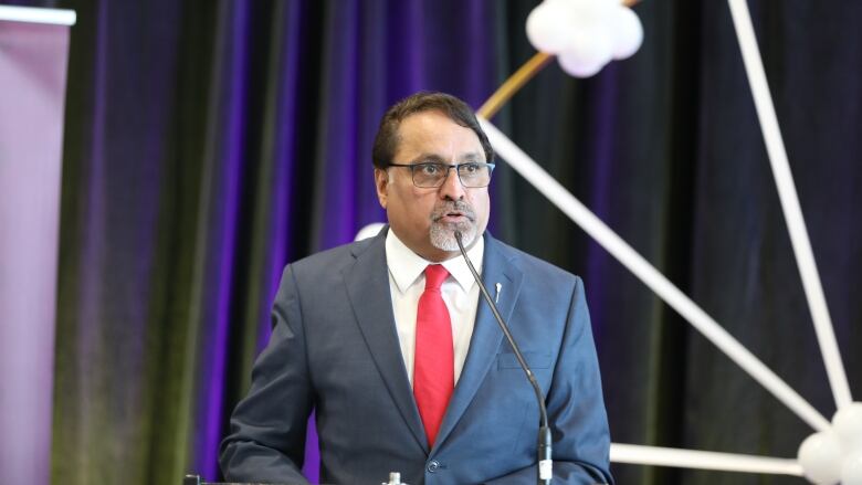 Regina Northeast MLA Gary Grewal makes an announcement at a press conference for the 2023 Queen City Ex on March 9, 2023.  