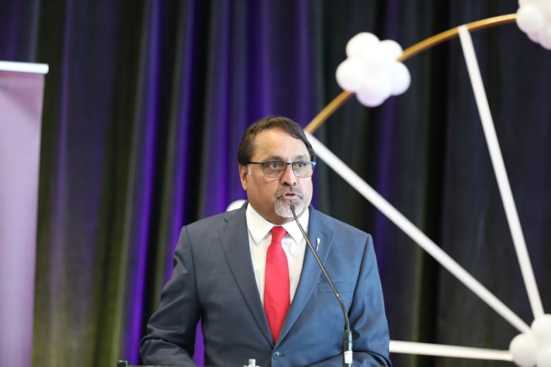 Regina Northeast MLA Gary Grewal makes an announcement at a press conference for the 2023 Queen City Ex on March 9, 2023.  