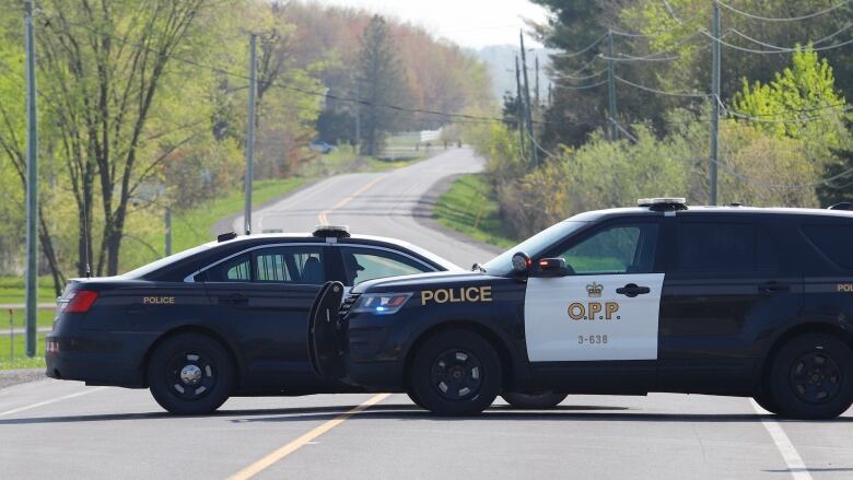 Police cruisers block a road.