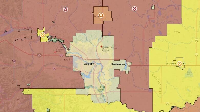 Rocky View County, which surrounds Calgary on three sides, is seen in red, indicating a fire ban. 