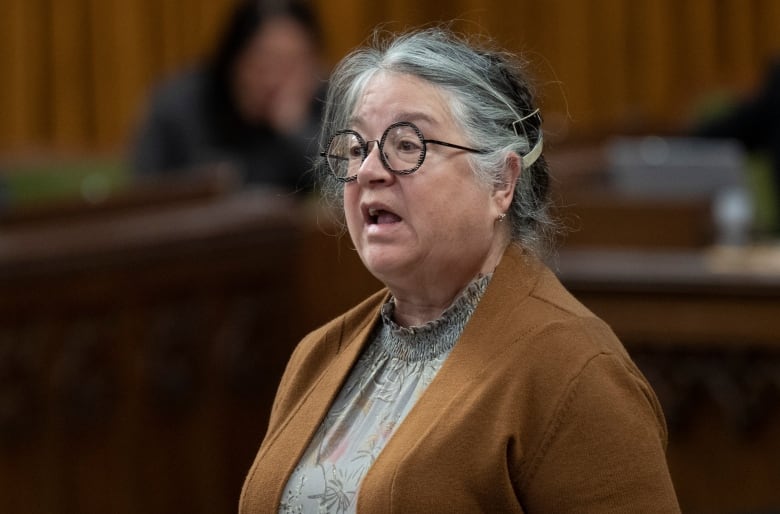 A woman in glasses and a brown blazer stands in the House of Commons.