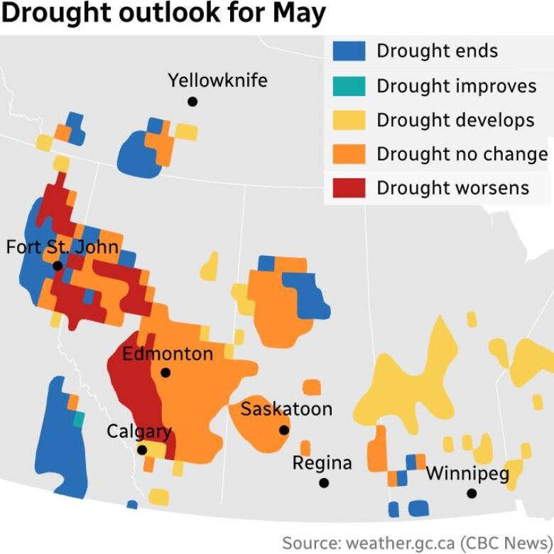 A map depicting drought conditions at the end of May, 2023.