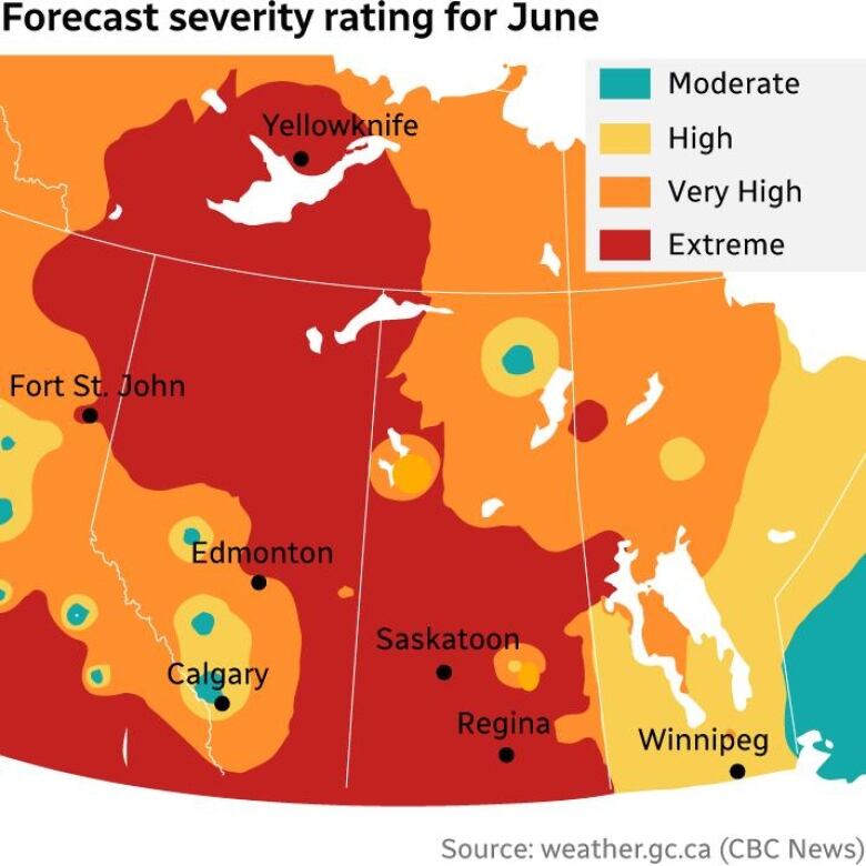 Map depicting the fire risk in Canada during the month of June, 2023. 