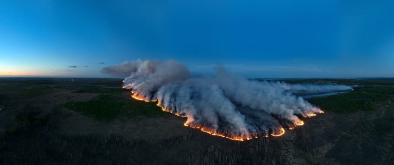 Smoke rises from a vast tract of forest, creating a large smoke cloud.