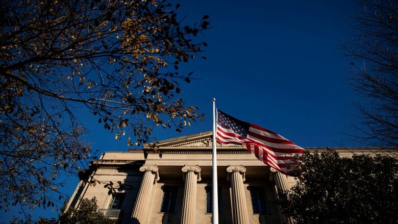 A flag is shown in front of a building with large columns.