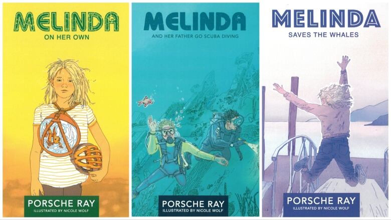 Here are some of the books in Calgary author Porsche Ray's series on a child with autism. Porsche Ray is also a child with autism. She's 10-years-old and just published her fifth book, Melinda and Her Father Go Scuba Diving, pictured in the centre.