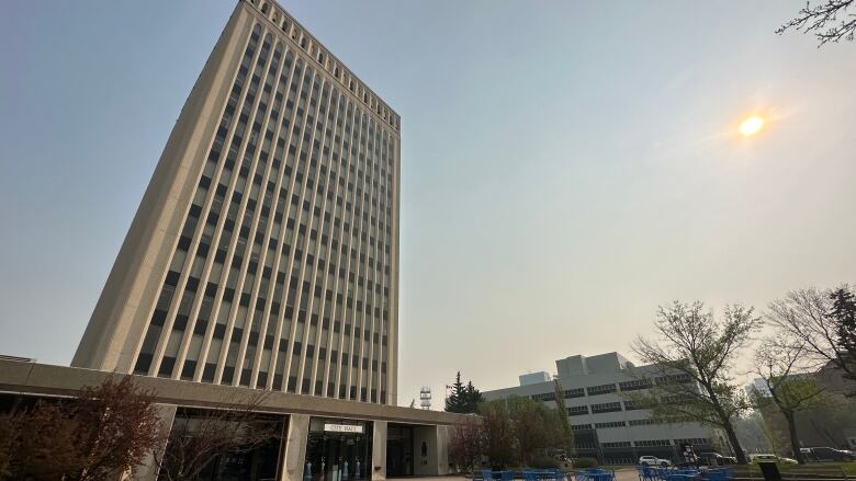 Regina city hall is covered in a smokey haze on the morning of May 17, 2023.  