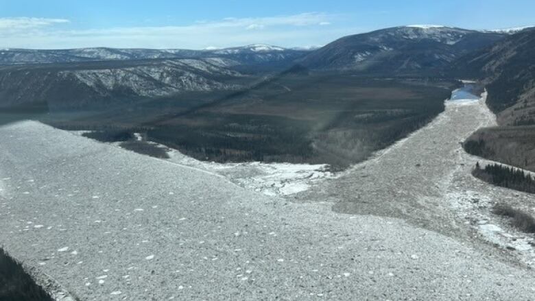 An aerial shot of an ice jam in the Forty Mile River.