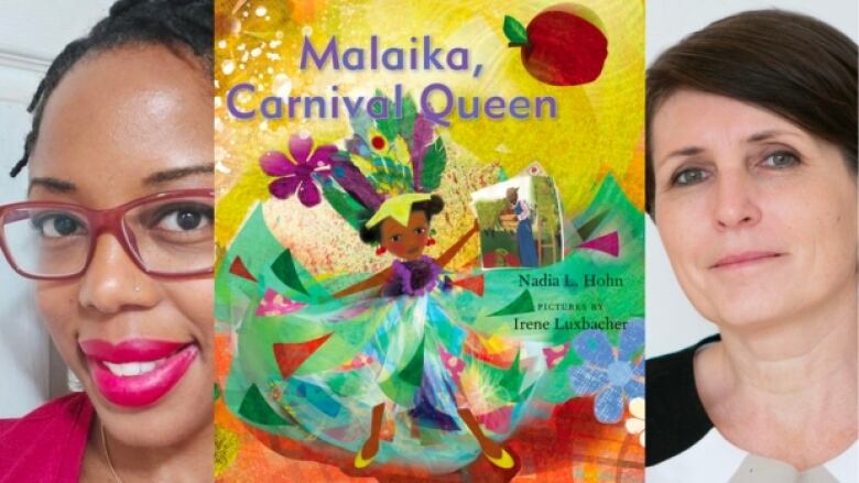 On the left is a photo of a woman wearing pink glasses, in the middle is a book cover that shows a girl wearing a colourful large dress with feathers on her head holding a photo of her father who is a farmer harvesting apples. There are also music notes, an apple, a pear and flowers on the cover. There is purple and black text overlay that is the book's title and author's name. On the right is a photo of a woman with brown short hair. 