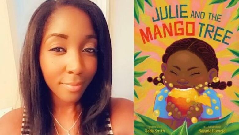 Black woman with long black straight hair looking at camera. Illustrated book cover of a small Black girl biting into a mango.