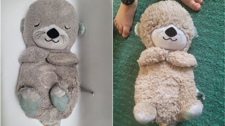 Side-by-side images of the same stuffed animal. In the left photo, it's dark and matted. In the right photo, it's fur is fluffed and bright.