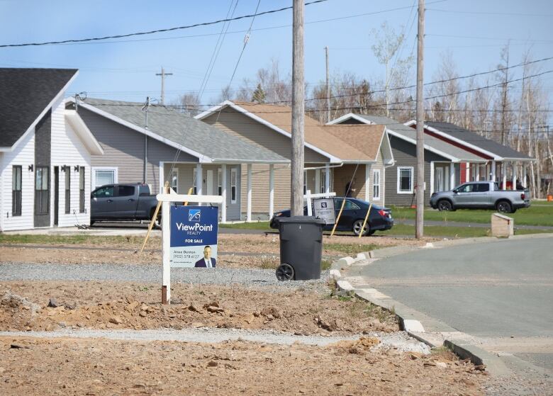 A row of new single-family houses is shown, with some having dirt front yards and a couple of for sale signs.