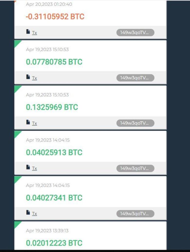 Screenshot of bitcoin transactions.