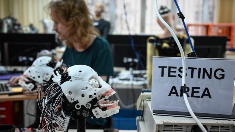 A mechanical robot head, shaped like a human skull, sits next to a sign that says TESTING AREA in a computer lab. A man sits behind at a table. He is out of focus.