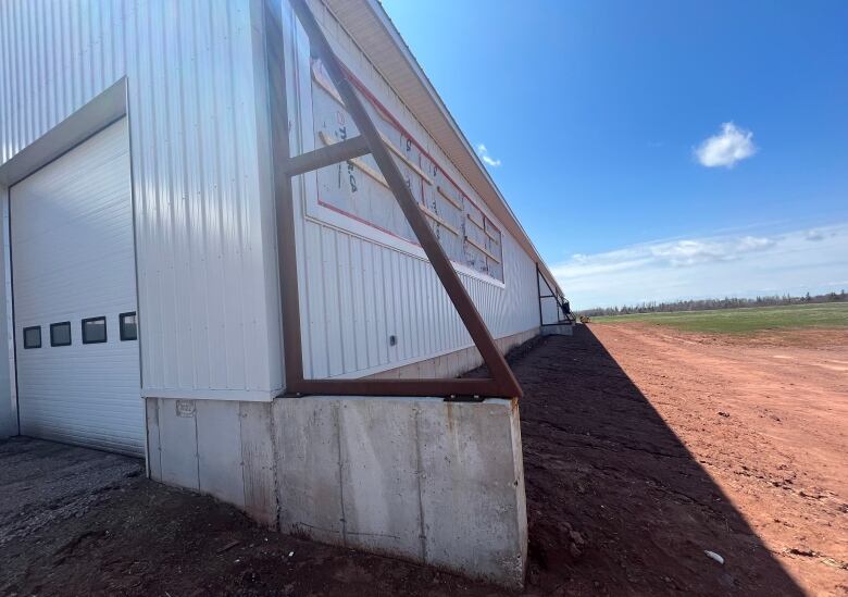 The side of one of the new barns at Tiny Acres Holsteins can be seen on a bright, sunny day. The new white vinyl siding is on, but the windows are still covered in plastic. Three large, triangular buttresses are spaced out along the wall.