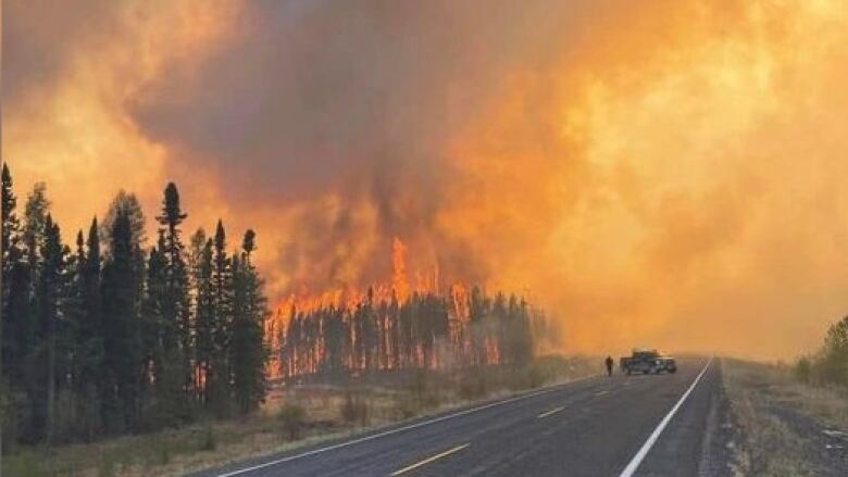 A wall of flames, burning in a forest, is seen from a car on a highway.