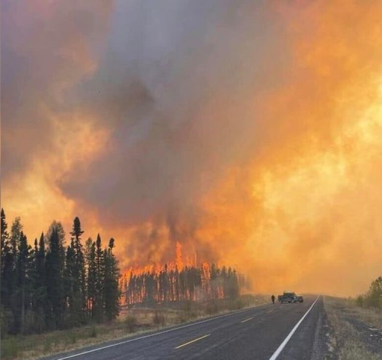 A wall of flames, burning in a forest, is seen from a car on a highway.