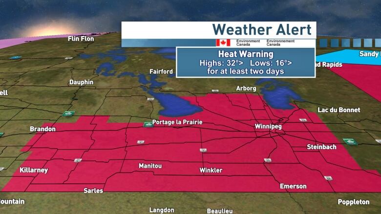 A map shows in area in shaded red, including Winnipeg and Brandon. The red shaded area indicates a heat warning 