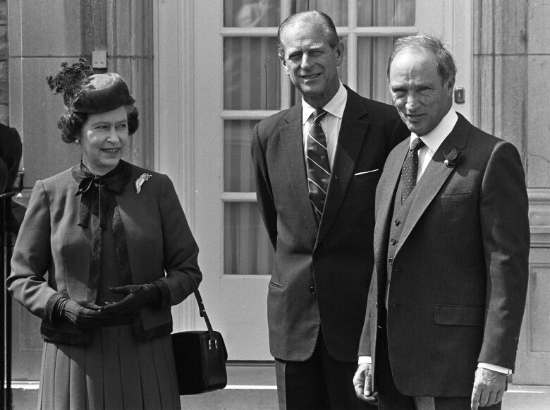 The late Queen and Duke of Edinburgh are pictured with former prime minister Pierre Trudeau at 24 Sussex Drive in Ottawa.