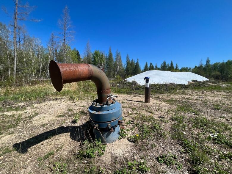 A rusted metal tube pushing out of a forest clearing, with a beige tarp covering a mound in the background.