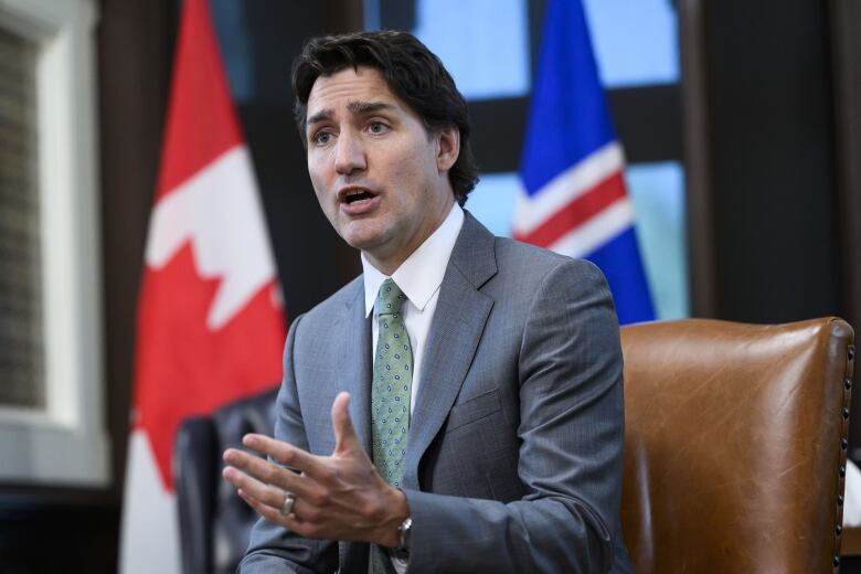 Canada's Prime Minister Justin Trudeau gestures with his hands while speaking in his office. He is wearing a grey suit with a green patterned tie. 