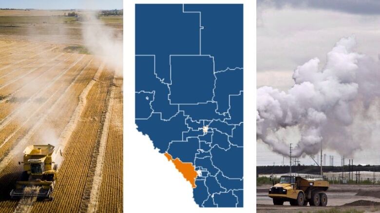 This three-part collage shows on the left, a combine harvesting a field of golden wheat; centre, a map of Alberta that is coloured almost entirely blue; 