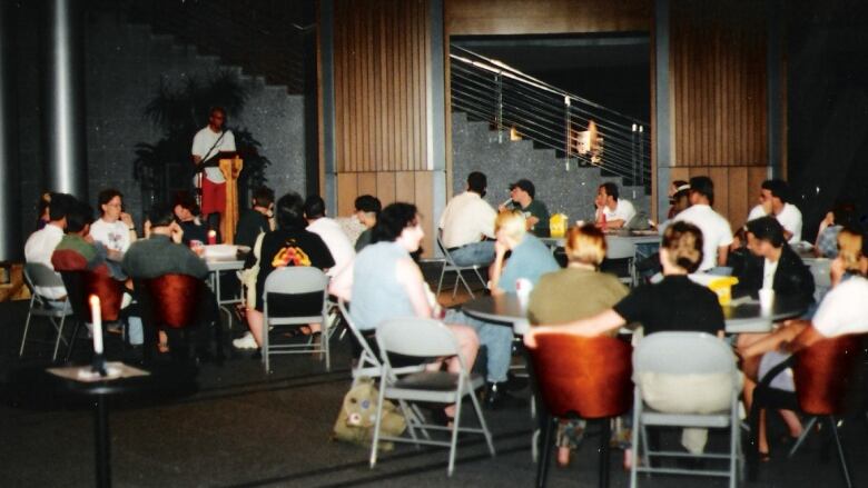 A large group of people who gathered at Kitchener City Hall in 1995 for a Pride celebration. 