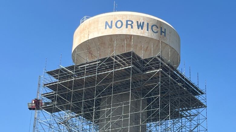 The water tower in Norwich, Ont., where last week the township council voted in a bylaw that restricts the display of non-civic public flags on township property.