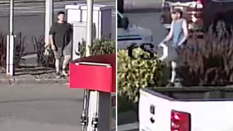 A composite of a man wearing a black shirt and grey shorts, and a man wearing a blue tank top and black shorts, walking near a gas station.