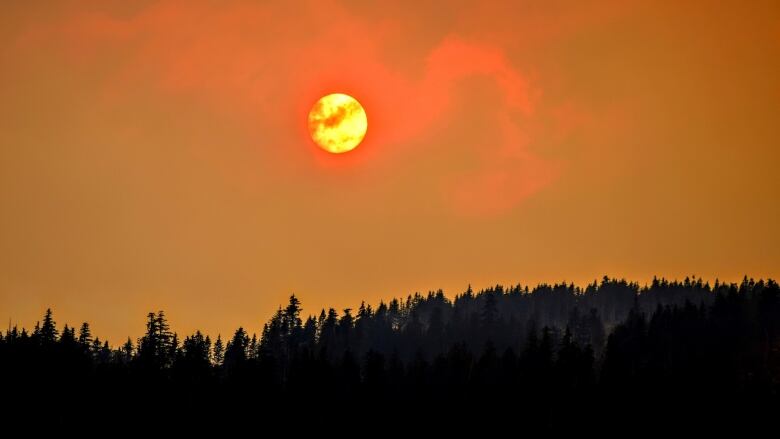 A smoky orange sky above a dark mountain outline of trees. The sun is seen through smoke. 