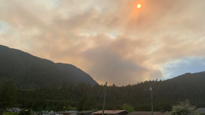 Houses in a row are pictured beneath mountains and trees, beneath a smoky sky and orange sun. 