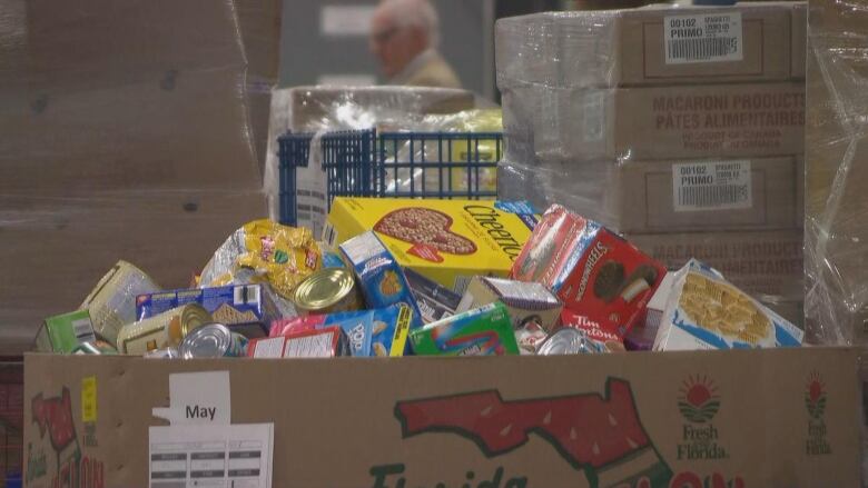 A pile of non-perishable food items in a large box.