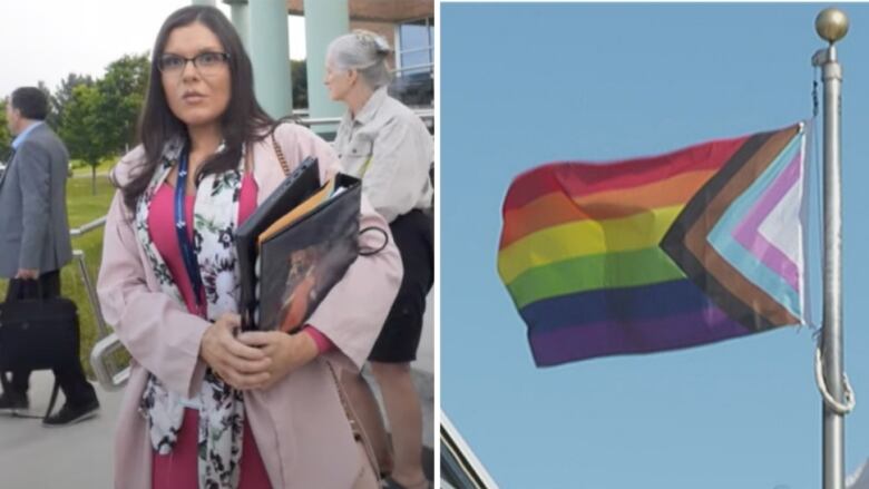 A woman standing and a Pride flag.