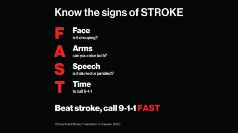 A graphic shows the signs of stroke including a drooping face, problems lifting an arm, slurred or jumbled speech, and urging people to call 911 quickly.