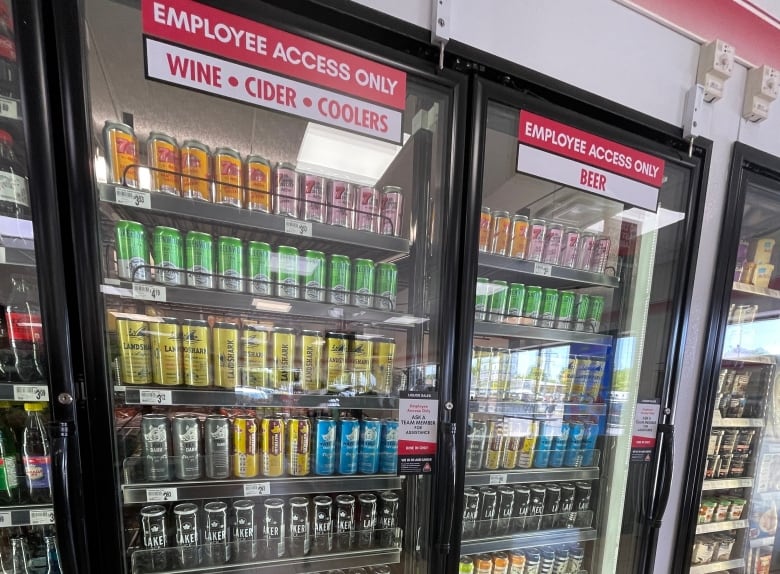 Beer, wine, cider and coolers in fridges labelled 'Employee Access Only' at a 7-Eleven store in Niagara Falls, Ont., 