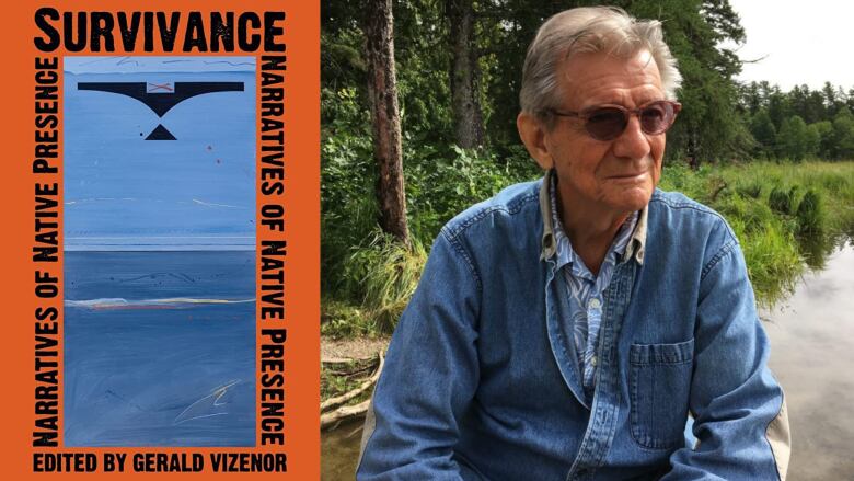 A composite image of an orange book cover with the words Survivance edited by Gerald Vizeno in written in black lettering on it and a portrait of a man with grey hair and sunglasses looking into the distance.