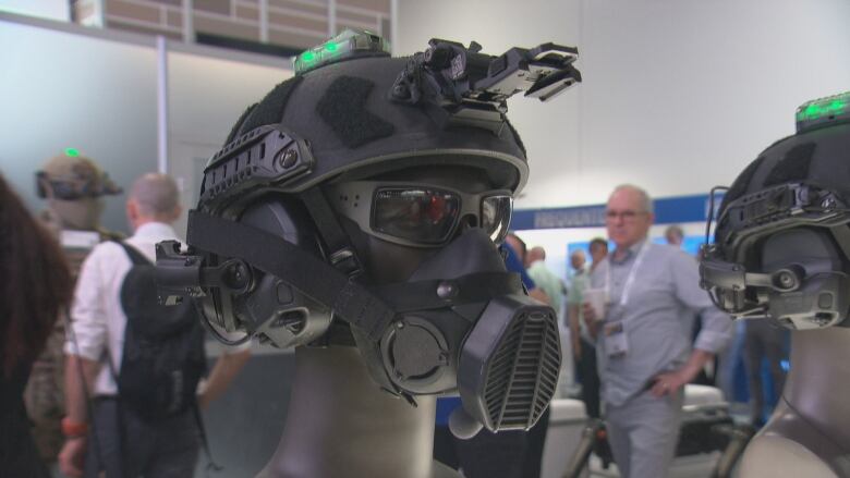 A next-generation soldier's helmet on display at the Canadian Association of Defence and Security Industries (CADSI) annual trade show (CANSEC) in Ottawa in late May, 2023.