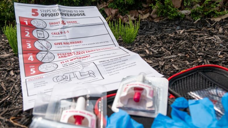 A naloxone kit on a curb.