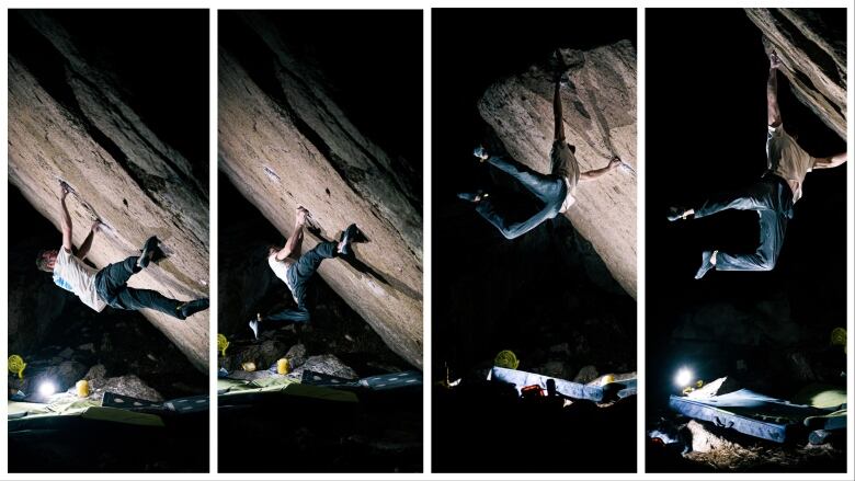 Four pictures, lined in in succession, show a man with a T-shirt and jeans climbing a steeply angled rock face in the dark, lit by a flashlight on the ground beneath him.