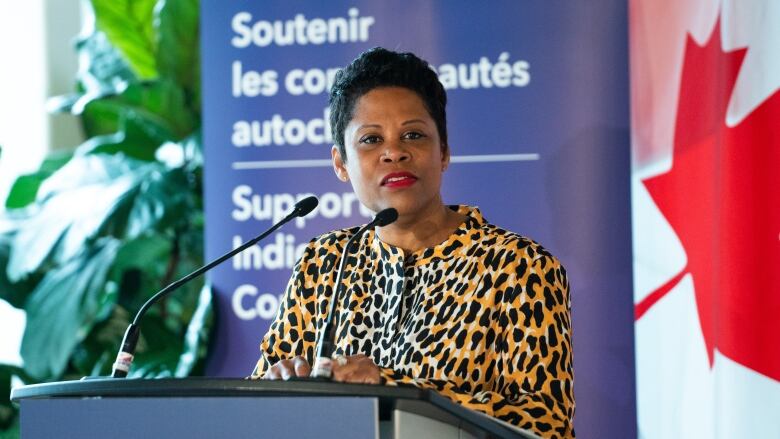 Marci Ien, minister for women and gender equality and youth, delivers remarks in Gatineau, Que., on Monday, June 5, 2023. THE CANADIAN PRESS/Spencer Colby