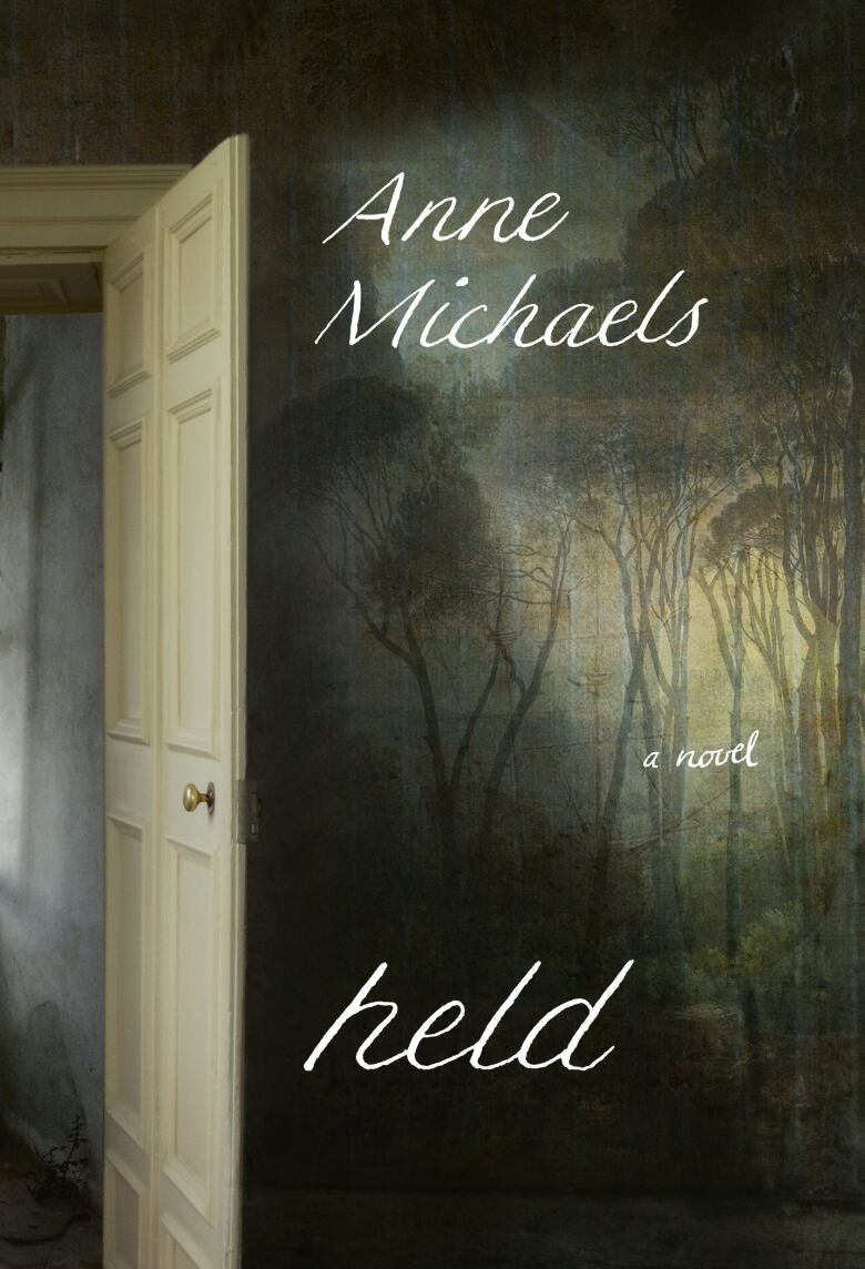 A book cover featuring a room wallpapered with an outdoor scenery and an open white door.