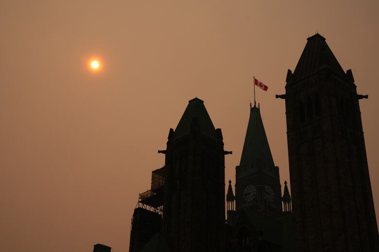 A legislature silhouetted by a red-looking sun and brown smoke.