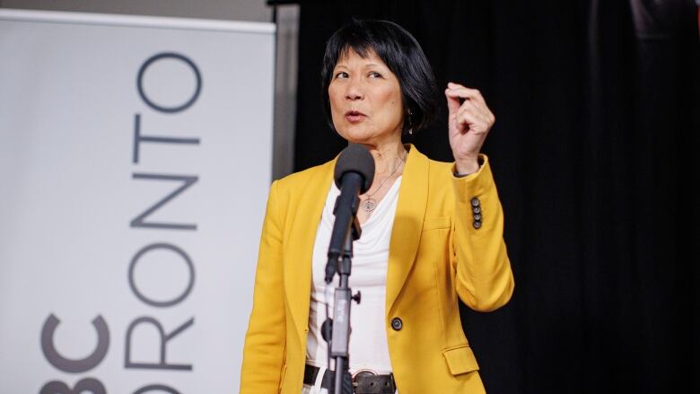 Toronto mayoral candidate Olivia Chow speaks with reporters after a televised debate, in the CBC Broadcast Centre, in Toronto, on June 6, 2023.